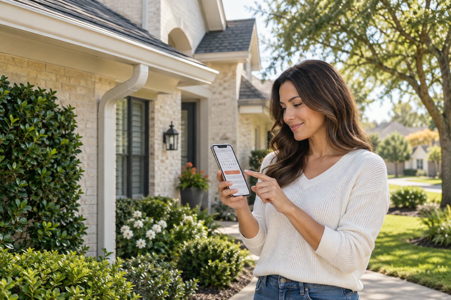 Houston homeowner choosing a gutter cleaning appointment online